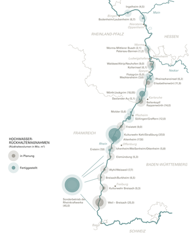 Kartendarstellung geplanter und fertiggestellter Hochwasser-Rückhaltemaßnahmen am Rhein