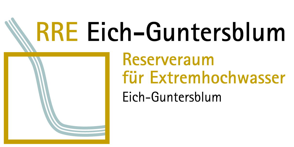 Ein stilisierter Flusslauf mit dem Schriftzug "RRE Eich-Guntersblum - Reserveraum für Extremhochwasser"