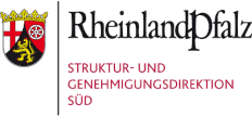 Das Wappen von Rheinland-Pfalz mit dem Schriftzug "Rheinland-Pfalz. Struktur- und Genehmigungsdirektion Süd"